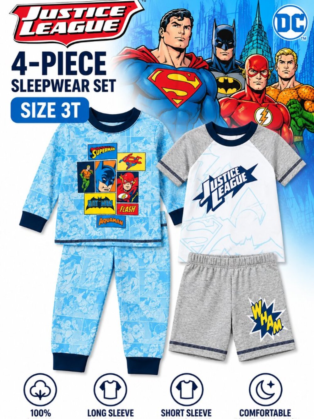 Justice League Boys 4 Piece Pajama Set 3T 100% Cotton NWT